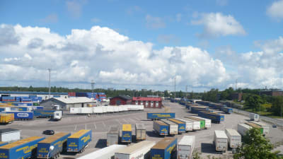 Stuveribolaget Hangö Stevedorings byggnader och tiotals containers på hamnplanen i Västra hamnen i Hangö en solig sommardag.