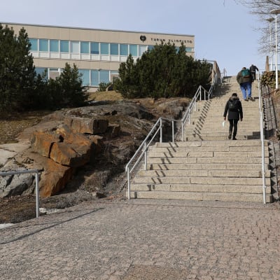 Människor går upp för trappor mot Åbo universitets huvudbyggnad. 