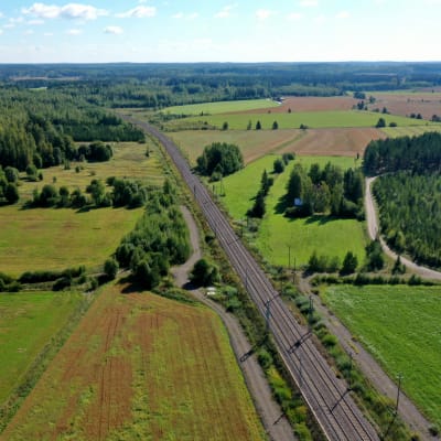 Rautatie halkoo maalaismaisemaa