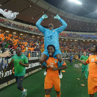 Wilfried Bony och Boubacar Barry firar guldet.