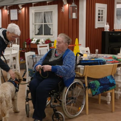 Vårdhunden Cooper med sin vårdare och en klient på Grannas i Nagu
