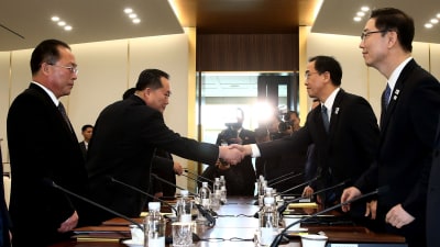 Sydkoreas återföreningsminister Cho Myoung-Gyon (andra från höger) och hans nordkoreanske kollega Ri Son-Gwon skakade hand då mötet i Panmunjom inleddes.