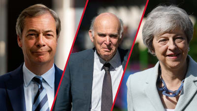 Sir Vince Cable, Theresa May och Nigel Farage.