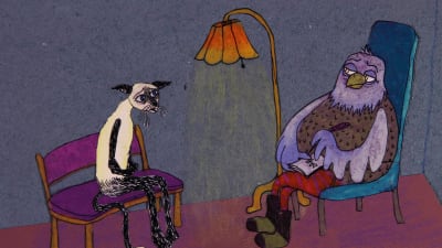 Den psykiskt sjuka "katten" sitter hos psykiatern som Antonia Ringbom porträtterat som en uggla. 
