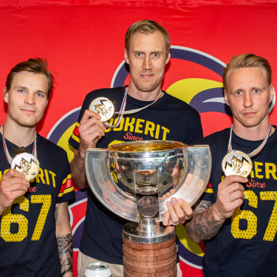 Mikko Lehtonen, Marko Anttila och Veli-Matti Savinainen visar upp VM-pokalen och sina guldmedaljer.