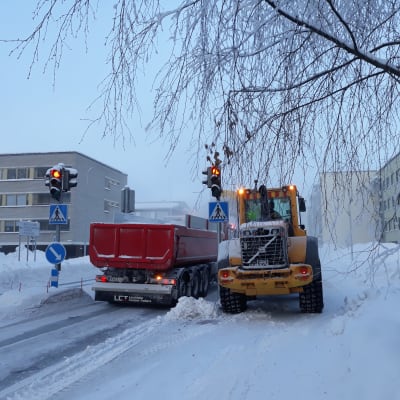 Lunta lastataan kuorma-auton lavalle Joensuun keskustassa.
