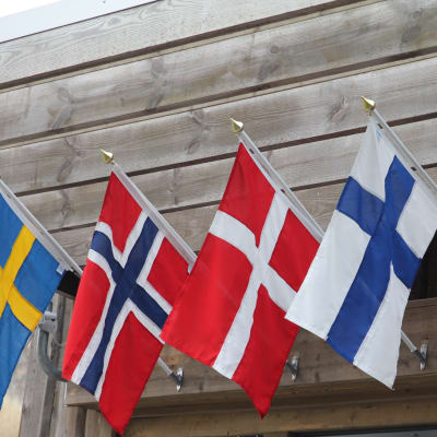 De fem norrdiska länders flaggor vajar på en trävägg.
