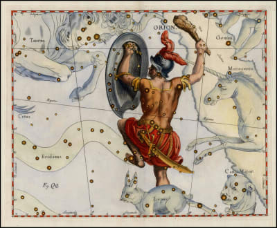 Jägaren Orion på himlavalvet, i artistisk framställning.