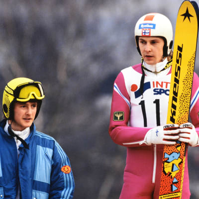 Jens Weissflog och Matti Nykänen år 1989.