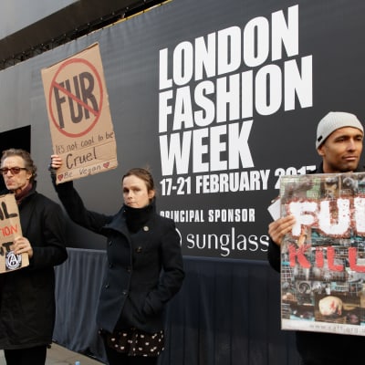 Djurrättsaktivister protesterar mot pälsanvändning under modeveckan i London i februari 2017.  