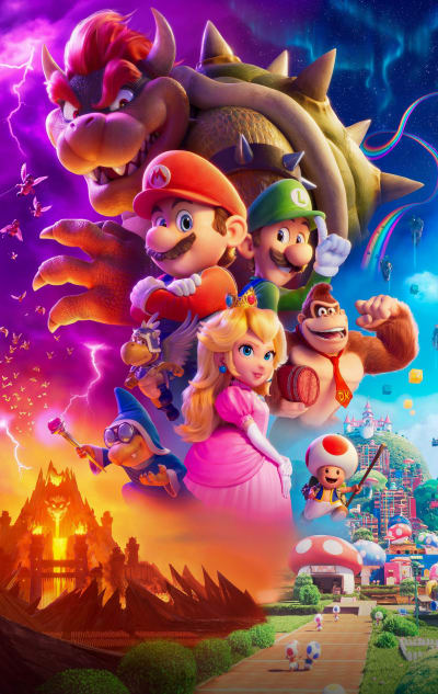 Filmaffischen för Super Mario Bros. Movie. Alla huvudkaraktärer syns, bland annat Mario, Luigi, Prinsessan Peach, Toad, Donkey Kong och Bowser.