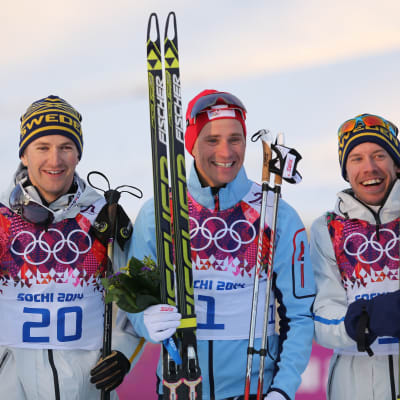 Teodor Peterson, Ola Vigen Hattestad, Emil Jönsson, medaljtrio OS-sprinten 2014