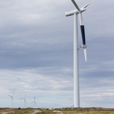 Ett svartmålat rotorblad på ett vindkraftverk på Smøla vindpark.  