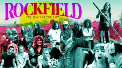 Rockfield-dokumenttielokuvan key image, paljon porukkaa photoshopattuna kuvassa plus otsikko Rockfield The Studio on the Farm