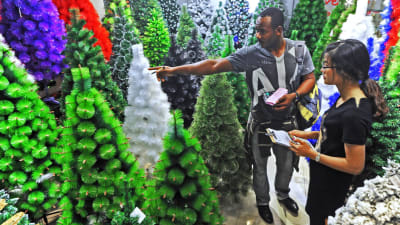 En nigeriansk affärsman köper konstgjorda julgranar på marknaden i Yiwu i Kina.