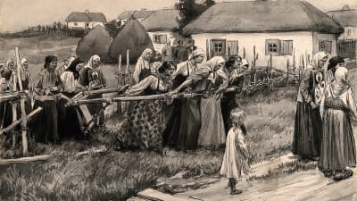 Illustration av koleraprocession i Ryssland