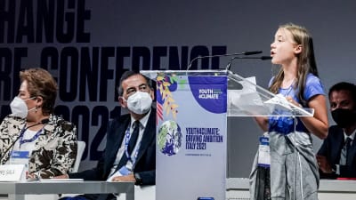 Greta Thunberg talade i Milan tillsammans med UNFCCC:s Patricia Espinosa den 28.9. 2021.