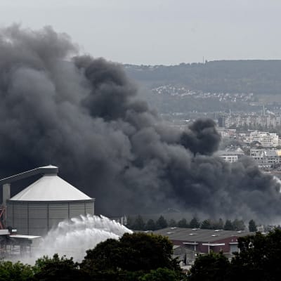 Branden i Lubrizols fabrik i Rouen spred tjock svart rök över hela trakten. 