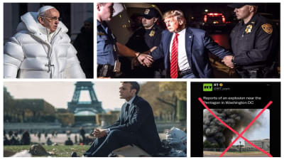 Kooste neljästä tekoälyn luomasta valeuutiskuvasta, joissa paavi Balenciagan takissa, Trump juoksemassa pakoon poliiseja, Macron puistossa ja Pentagonin räjähdys.
