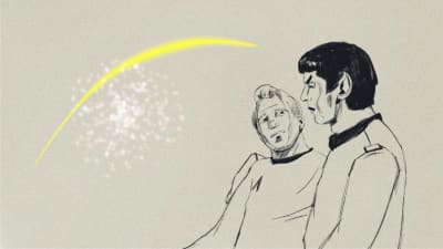 En skiss av Kirk och Spock som omfamnar och tittar ömt på varandra.