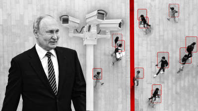 Kuvassa Vladimir Putin ja valvontakameroita.