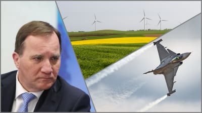tredelad bild med Stefan Löfven, svensk vindkraft och Jas gripen. 