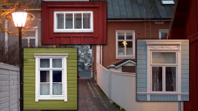 Bildcollage av flera olika fönster i trähus.