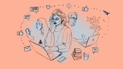 En skissartad illustration med tre personer som kommunicerar via datorer och telefoner. Runt dem flyger symboler för sms, mail och sociala medier.