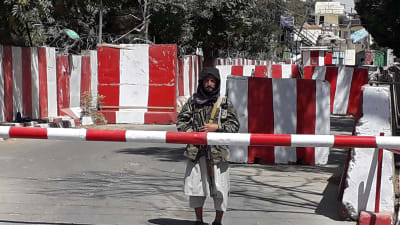 En talibankrigare står bakom en bom i staden Ghazni