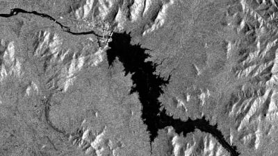 Satellitbild över Stora etiopiska renässansdammen efter att reservoaren börjat fyllas.