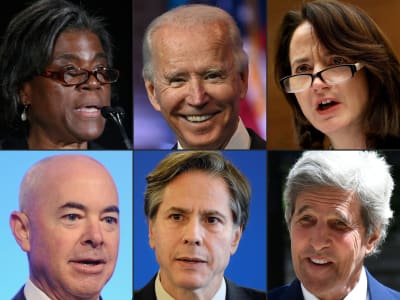 Övre från vänster: Linda Thomas-Greenfield,  Joe Biden,  Avril Haines. Nedre från vänster: Alejandro Mayorkas, Antony Blinken, John Kerry