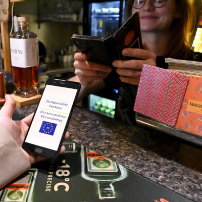 En bartender kontrollerar covidintyg i en bar i Helsingfors. 