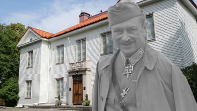 Collage med Carl Gustaf Mannerheim framför Mannerheimmuseet.
