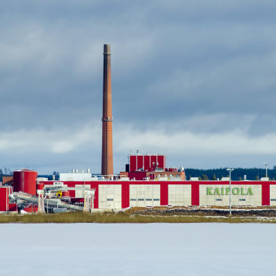 Kaipolan entinen paperitehdas Päijänteen rannalla, tummat pilvet taivaalla.