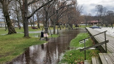 Högvatten i park vid havet i Ekenäs.
