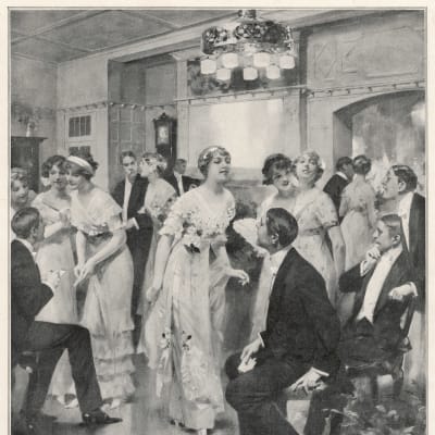 Kvinnor bjuder män upp till dans på en skottårsbal i England år 1912.