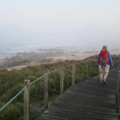 En person går på en promenadled med havsutsikt.