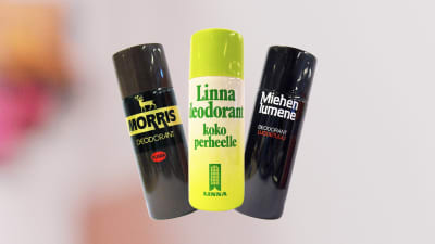 Kolme deodoranttipurkkia vuosilta 1973-74.