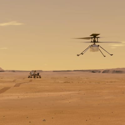 En skiss på Nasas Perseverance-rover i bakgrunden och Ingenuity-drönaren i förgrunden på Mars yta.