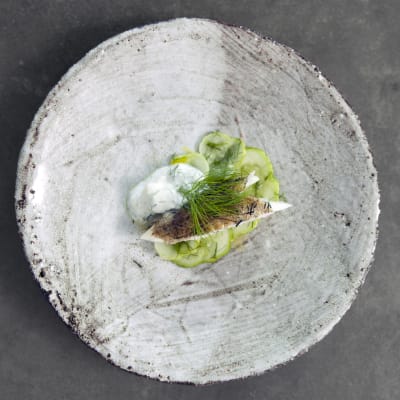Rökt gös med inlagd gurka och gräddfil med äpple.