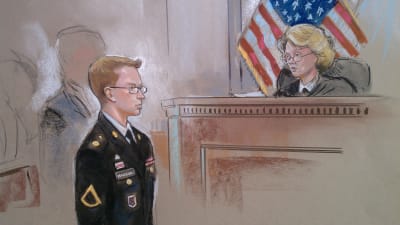 En teckning på Bradley Manning under rättegången i Fort Mead, Maryland 15.3.2012