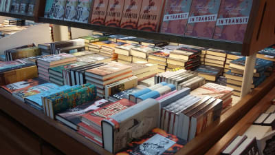 Romaner på rad i en bokhandel.