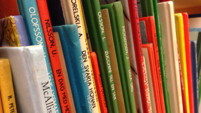Färggranna barnböcker i en bokhylla.