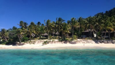 Klarblått vatten och vit sand för besökaren in mot paradisön Matamanoa med bungalower och palmer.
