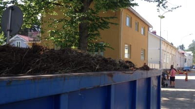 Hästavföring på en flake som står på en gata alldeles nära bostadshus.
