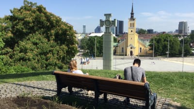 Vy över Frihetstorget i Tallinn med monumentet över segern i frihetskriget