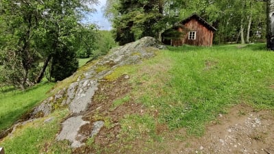 Ett hus vid ett berg, på berget finns en torräng där det växer tjärblomster och vårförgätmigej.