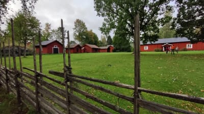 En stor gräsplan med röda stugor och bodar. Framför en gärdsgård, ett staket gjort av höstörar.