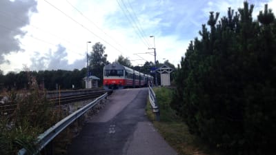 Ett litet grårött lokaltåg står på en station i landsbygden, buskar och gräs syns, en asfalterad gång till perrongen.