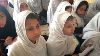 Afghanska flickor i vita huvuddukar undervisas i tältskola